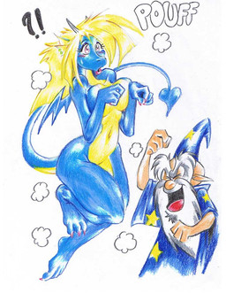 3_toes anthro blonde_hair blue_body blue_scales blush bodily_fluids breasts claws duo ear_piercing exclamation_point eyes_closed feet female flower hair horn interrobang jewelry lipstick magic_user makeup male multicolored_body multicolored_scales nude open_mouth piercing pink_eyes plant question_mark scales simple_background smile spade_tail surprised sweat tail toe_claws toes transformation two_tone_body two_tone_scales white_background wide_hips yellow_body yellow_scales bittenhard mythology mint_(bittenhard) dragon mythological_creature mythological_scalie scalie 2006 traditional_media_(artwork)