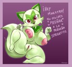 anthro anthrofied areola big_breasts big_butt breasts butt clitoris dialogue female fur genitals green_body green_fur huge_breasts impregnation_request nipples open_mouth pink_areola pink_nipples pokemorph pussy red_eyes short_stack simple_background solo teeth text thick_thighs tongue ruddyrzaq nintendo pokemon generation_9_pokemon pokemon_(species) sprigatito digital_media_(artwork) hi_res spanish_text translated