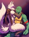 anthro bandage bandaged_arm bandaged_leg bodypaint breasts brown_eyes claws cowgirl_position duo face_paint female fluffy fluffy_legs fluffy_shoulders fluffy_tail from_front_position fur green_body green_skin male male/female nipples nude on_bottom on_top open_mouth open_smile scarf sex small_breasts smile tail white_body white_fur yellow_eyes sacrificabominat teenage_mutant_ninja_turtles alopex raphael_(tmnt) arctic_fox canid canine fox mammal reptile scalie true_fox turtle hi_res