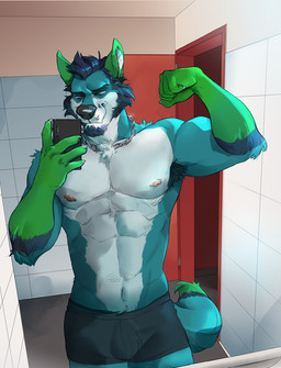 anthro bathroom beard black_boxer_briefs black_clothing black_underwear boxer_briefs boxer_briefs_only cellphone chain_necklace clothed clothing electronics facial_hair holding_object holding_phone inside jewelry male male_anthro necklace phone selfie smartphone solo standing topless underwear underwear_only arcticlion arctic_the_fox canid canine fox mammal hi_res