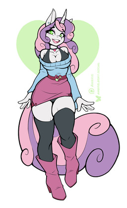 anthro boots bottomwear bra breasts choker circlet clothing collarbone ear_piercing ear_stud eyebrows eyelashes female footwear fur green_eyes hair high_heeled_boots high_heels horn jewelry legwear multicolored_hair necklace open_mouth piercing pink_hair purple_hair shoes skirt solo sweater thick_thighs thigh_highs topwear two_tone_hair underwear white_body white_fur ambris friendship_is_magic hasbro my_little_pony mythology sweetie_belle_(mlp) equid equine mammal mythological_creature mythological_equine unicorn 2025 hi_res