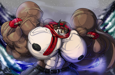 alternate_species anthro belt big_muscles big_pecs black_nipples bottomwear breath brown_body brown_fur clothing countershading fingerless_gloves fist flexing fur gloves handwear horn huge_muscles huge_pecs hyper hyper_muscles hyper_pecs male male_anthro muscular muscular_anthro muscular_male night nipples outside pants pecs scarf shirtless shirtless_anthro shirtless_male snow snowing solo vein veiny_muscles white_body white_countershading fierglief mephiston mammal mustelid otter 2021 absurd_res hi_res