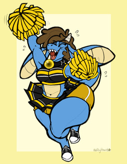 anthro big_butt bottomwear bulge butt cheerleader cheerleader_outfit clothed clothing collar crossdressing femboy footwear hotpants male pom_poms sharp_teeth shoes shorts skirt sneakers solo teeth thick_thighs wide_hips heftyhoard bluetooth_the_kobold kobold scalie hi_res