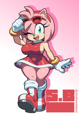 anthro big_breasts boots breasts clothing dress eyelashes eyewear female footwear fur glasses gloves green_eyes handwear one_eye_closed pink_body pink_fur shoes smile smiling_at_viewer solo thick_thighs shinbeedabest sega sonic_the_hedgehog_(series) amy_rose eulipotyphlan hedgehog mammal hi_res