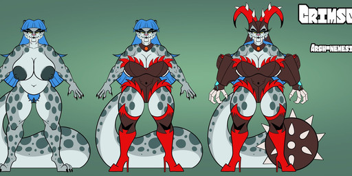 ace anthro armor big_breasts biped breasts claw_(weapon) claws clothing dark_nipples darkened_genitalia fangs female female_anthro footwear front_view gauntlets genitals gloves handwear high_heels humanoid_genitalia humanoid_vulva mace_tail melee_weapon pubes sabertooth_(anatomy) shoes solo standing stiletto_heels supervillain tail teeth text tokusatsu vulva weapon weapon_tail sketchybug crimson_snow_(sketchybug) felid mammal pantherine snow_leopard english_text hi_res model_sheet