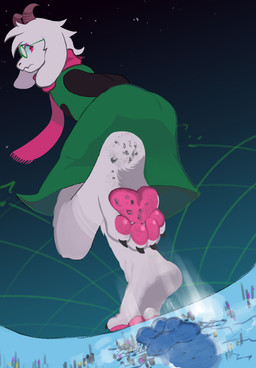 4_toes anthro city city_destruction claws clothing destruction extreme_size_difference eyewear feet foot_crush foot_fetish foot_focus fur glasses green_clothing green_robe horn looking_back macro male pawpads pink_eyes pink_scarf robe scarf size_difference stomping toe_claws toes white_body white_fur alwhiteberry rubar deltarune undertale_(series) ralsei bovid caprine darkner goat mammal absurd_res hi_res