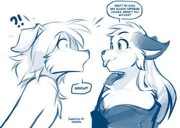 ambiguous_gender anthro biped blep blush chest_tuft clothed clothed_anthro clothed_male clothing duo eye_contact fur green_eyes hair looking_at_another male off_shoulder open_mouth simple_background smile text tongue tongue_out topless topless_male tuft white_background conditional_dnp tom_fischbach twokinds evals mike_(twokinds) canid canine canis domestic_dog fox keidran mammal 2026 digital_drawing_(artwork) digital_media_(artwork) english_text hi_res monochrome sketch spot_color