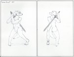 anthro black_sun ears_back feet female hyper_pubes melee_weapon pivoted_ears plantigrade pose practice solo sword tail tail_between_legs weapon doublespace canid canine canis domestic_dog german_shepherd herding_dog mammal pastoral_dog hi_res