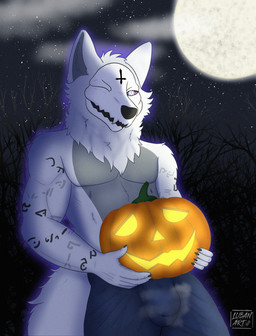 anthro athletic athletic_anthro athletic_male ball_bulge bone bottomwear bulge clothing cross food fruit fullmoon fur galaxy_eyes genitals grey_body grey_fur inverted_cross male musk one_eye_closed outside penis plant pumpkin runes shorts skull skull_head solo tail white_body white_fur lubanart asylumcursed canid canine mammal skulldog_(species) absurd_res hi_res