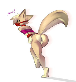 anthro arms_tied backsack balls bdsm black_nose bondage bound butt collar femboy gag gagged genitals male muffled muzzle_(object) muzzle_gag muzzled perineum red_collar solo standing tail text vowelless vowelless_vocalization yellow_eyes zinnick jay_(zinnick) bengal_fox canid canine fennec_fox fox hybrid mammal true_fox 2019 hi_res