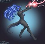 anthro black_body black_scales blue_background blue_hair breasts claws female gun hair nipples non-mammal_breasts nude ranged_weapon scales simple_background solo space toe_claws weapon jackalope_(artist) tyrii_ta'lana lizard reptile scalie sya'rid 2015 hi_res