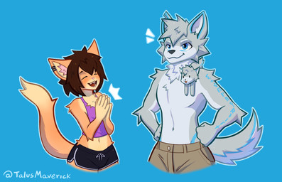 anthro blue_eyes bottomwear brown_hair clapping clothed clothing dolphin_shorts duo femboy fur green_eyes grey_body grey_fur hair male male/male orange_body orange_fur plushie shorts simple_background smile talus_maverick louis_softpaw snowa_verge canid canine canis domestic_cat felid feline felis mammal wolf 2021 absurd_res digital_media_(artwork) hi_res shaded signature
