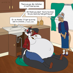 anthro belly big_belly big_breasts blinds blush bodily_fluids bottomwear breasts cabinet clothing copyright_symbol curtains dialogue dialogue_box dress duo eyes_closed female footwear fur hair huge_belly huge_breasts hyper hyper_belly hyper_pregnancy multicolored_body multicolored_fur navel navel_outline open_mouth outie_navel pants plumber pregnant rug shirt shoes sink socks speech_bubble sweat symbol text tools topwear two_tone_body two_tone_fur white_hair window wrench satsumalord stacy_(satsumalord) domestic_cat felid feline felis mammal mephitid skunk 1:1 2015 comic_sans digital_media_(artwork) english_text hi_res