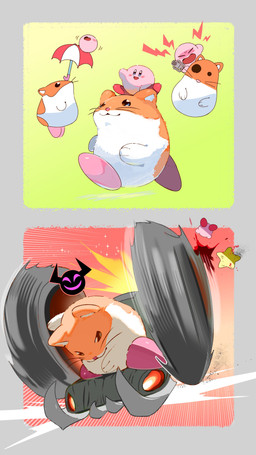 :3 ambiguous_gender biped bipedal_feral black_eyes blue_eyes blush blush_stickers bolt_emanata border destruction driving duo electronics emanata feral fur gameplay_mechanics green_background grey_border hit_and_run holding_microphone holding_object impact_lines microphone multicolored_body multicolored_fur open_mouth open_smile orange_body orange_fur outside_border pink_body red_background red_body riding screaming simple_background singing size_difference smile two_tone_body two_tone_fur umbrella vehicle vehicle_destruction walking whiskers white_body white_fur shirasu_umai3 kirby_(series) kirby_air_riders nintendo kirby rick_(kirby) cricetid hamster mammal rodent waddling_head 2025 9:16 absurd_res comic digital_drawing_(artwork) digital_media_(artwork) hi_res male_(lore)