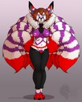 8_tails anthro areola breasts clothed clothing female fur genitals hair hands_behind_head looking_at_viewer multi_tail nipples partially_clothed purple_areola purple_nipples purple_pussy pussy simple_background small_waist smile solo suit tail grumpy_griffin_creations marvelous_managerie silver_(silverhook12) canid canine fox mammal absurd_res digital_media_(artwork) hi_res