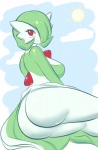 big_butt blush breasts butt cloud female green_hair hair hair_over_eye looking_at_viewer not_furry one_eye_obstructed outside red_eyes sky solo sun jcdr nintendo pokemon nougat_(character) gardevoir generation_3_pokemon mammal pokemon_(species) 2014