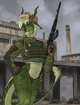 anthro assault_rifle clothing detailed_background fishnet_stockings gun hat headgear headwear horn male ranged_weapon rifle solo thong topwear underwear vest weapon gp_warrior mythology dragon eastern_dragon mythological_creature mythological_scalie scalie absurd_res hi_res