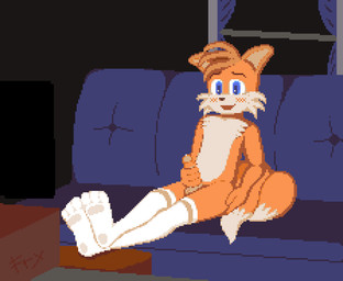 2_tails 3_toes anthro balls blinking blue_eyes blush breath breathing chest_tuft circumcised circumcision_scar clothing computer computer_keyboard computer_monitor computer_mouse cord crossed_feet crossed_legs ear_twitch electronics eyebrows feet femboy footwear fur furniture genital_scar genitals hand_on_butt hand_on_penis keyboard leaning legwear legwear_only male masturbation multi_tail narrowed_eyes on_sofa open_mouth orange_body orange_fur ottoman pattern_clothing pattern_legwear penile penile_masturbation penis pillow question_mark scar screen sitting sitting_on_sofa socks sofa soles solo striped_clothing striped_legwear stripes tail thigh_highs thigh_socks toes tuft white_body white_fur window frytheguy programming_socks sega sonic_the_hedgehog_(series) miles_prower canid canine fox mammal animated digital_media_(artwork) pixel_(artwork) pixel_animation