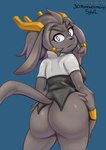 anthro antlers big_butt blue_eyes bottomless breasts butt clothed clothing female fur grey_body grey_fur horn looking_at_viewer looking_back looking_back_at_viewer simple_background solo triggerpigart pseudoregalia sybil_(pseudoregalia) jackalope lagomorph mammal 2024 hi_res