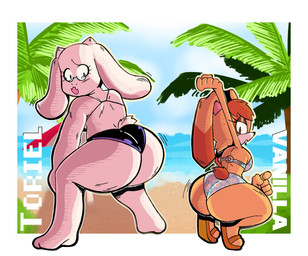 anthro beach big_butt big_ears black_eyes black_nose blue_clothing blue_swimwear border breasts brown_body brown_eyes brown_fur butt clothing crouching dipstick_ears duo ear_markings eyelashes eyewear fangs female floppy_ears footwear fur glasses head_tuft horn huge_butt looking_at_viewer looking_back looking_back_at_viewer lop_ears multicolored_ears open_mouth palm_tree pattern_clothing pattern_swimwear plant purple_clothing purple_swimwear rear_view sandals sea shoes sky swimwear tan_body tan_fur teeth text thick_thighs tree tuft water white_body white_border white_fur white_horn wide_hips derekunleashed sega sonic_the_hedgehog_(series) undertale_(series) toriel vanilla_the_rabbit boss_monster_(undertale) bovid caprine goat lagomorph leporid mammal rabbit hi_res