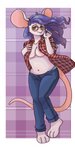 anthro big_ears blue_clothing blue_hair blue_panties blue_underwear bottomwear clothing denim denim_bottomwear denim_clothing eyewear female flannel fur glasses grey_body grey_fur hair jeans panties pants red_eyes slightly_chubby solo underwear sesame_(artist) amber_bennet mammal mouse murid murine rodent 1:2 absurd_res hi_res