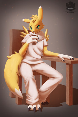 3_fingers 3_toes anthro barefoot beverage biped black_claws black_sclera blue_markings bottomwear chair cheek_tuft claws clothed clothed_anthro clothed_male clothing container cup dipstick_ears dipstick_tail drinking drinking_straw ear_markings eye_markings eyebrows facial_markings facial_tuft feet finger_claws fingers fluffy fluffy_tail front_view fully_clothed fully_clothed_anthro fully_clothed_male fur furniture gloves_(marking) gradient_background green_eyes grey_background grey_nose head_markings head_tuft holding_beverage holding_container holding_cup holding_object iris long_tail looking_at_viewer male male_anthro markings monotone_bottomwear monotone_clothing monotone_pants monotone_shirt monotone_t-shirt monotone_topwear mouth_closed multicolored_body multicolored_ears multicolored_fur neck_tuft on_chair pants plantigrade pupils shadow shirt simple_background sitting sitting_on_chair solo t-shirt table tail tail_markings text toes topwear tuft two_tone_body two_tone_fur white_body white_bottomwear white_clothing white_ear_tips white_feet white_fur white_hands white_markings white_pants white_shirt white_t-shirt white_tail_tip white_topwear white_tuft yellow_body yellow_ears yellow_fur yellow_tail yellow_tuft renabu bandai_namco digimon koda_the_renamon canid digimon_(species) mammal renamon absurd_res artist_name full-length_portrait hi_res portrait shaded