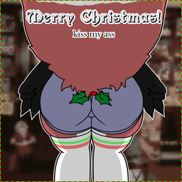 ambiguous_gender anthro border bottomwear butt butt_focus claws clothing gesture green_border hand_gesture holidays holly_(plant) holly_on_tail hotpants legwear plant red_border shorts solo stockings tail text thigh_highs under_tail v_sign foxdance christmas canid canine fox mammal 1:1 english_text