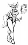 anthro anthrofied big_breasts biped book breasts clothing female fetlocks horn leotard smile solo unicornomicon jrvanesbroek mythology them's_fightin'_herds fhtng_the_unspeakable fred oleander_(tfh) equid equine mammal mythological_creature mythological_equine unicorn 2017 digital_drawing_(artwork) digital_media_(artwork) hi_res monochrome sketch