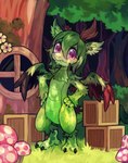 3_fingers 3_toes anthro biped box container detailed_background dragon extyrannomon_(artist) fangs featureless_crotch feet female fingers flower front_view fungus fur grass green_body green_fur green_hair green_scales hair hands_on_hips hi_res horn inner_ear_fluff kyisha leaf looking_at_viewer mushroom mythological_creature mythological_scalie mythology plant purple_eyes scales scalie solo standing tail teeth thick_tail toes tree tuft window wings