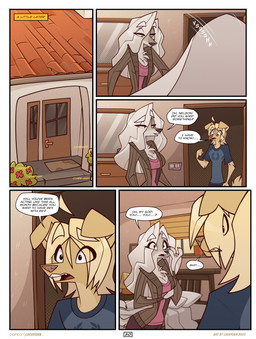 3_fingers anthro bedroom black_nose blonde_hair breasts brown_nose building clothed clothing detailed_background dialogue duo female fingers fur hair house male male/female open_mouth speech_bubble tail teeth text white_body white_eyes white_fur yellow_body yellow_fur luckyonn naomi_(luckyonn) nelson_(luckyonn) canid canine canis domestic_dog mammal 2025 absurd_res comic digital_drawing_(artwork) digital_media_(artwork) english_text hi_res huge_filesize