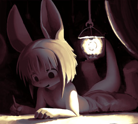 anthro blonde_hair bottomwear clothed clothing fur hair holding_object holding_pencil inside kemono lamp lantern light lying on_front pencil_(object) shorts solo tail topless lyc made_in_abyss nanachi mammal narehate digital_media_(artwork) lighting shaded