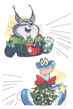 anthro blue_body blue_scales christmas_clothing christmas_decorations clothed clothing duo ear_tuft fangs feral fur green_clothing green_sweater green_topwear grey_body grey_fur holidays male scales sweater teeth topwear tuft whiskers yellow_eyes ipas214879 christmas disney zootopia gary_de'snake pawbert_lynxley felid feline lynx mammal pit_viper reptile scalie snake viper 2025 digital_media_(artwork)
