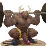 abs accessory anthro athletic belly belt biceps big_biceps big_muscles big_penis biped blue_eyes blush bottomwear brown_body brown_penis brown_skin clenched_teeth clothed clothing cock_ring crouching exercise flaccid foreskin front_view genital_piercing genitals holding_object hooves horn huge_muscles huge_penis humanoid_genitalia humanoid_penis jewelry kneeling long_penis male muscular muscular_anthro muscular_male nipples nude pants partially_clothed pecs penis penis_accessory penis_jewelry penis_on_ground penis_piercing piercing pose prince_albert_piercing pubes simple_background smile solo teeth thick_penis torn_clothing vein veiny_penis wardrobe_malfunction weightlifting weights white_background white_horn workout raymond158 kathu_thal bovid bovine cattle mammal 2017 signature