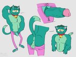 anthro anus bell bell_collar bottomwear bottomwear_down bulge clothed clothing collar erection flexing fur genitals green_body green_fur humanoid_genitalia humanoid_penis male open_bottomwear open_clothing open_pants pants pants_down partially_clothed penis pink_bottomwear pink_clothing pink_pants pose purring raised_tail solo tail underwear lewd_latte cartoon_network ok_k.o.!_let's_be_heroes cat_radicles radicles domestic_cat felid feline felis mammal x-tian 4:3 sketch_page