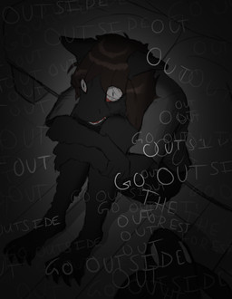 anthro arms_around_legs bed big_ears big_eyes black_body black_fur brown_hair detailed_background female fur furniture hair inside knees_pulled_up on_ground plushie scared sitting solo stare teeth text thousand_yard_stare unknown_artist missy_(napalm_express) humanoid mammal monster wolficus digital_media_(artwork) english_text guide_lines hi_res