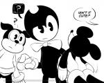 2017 3_fingers 5:4 anthro atomi-cat bendy_and_the_ink_machine bendy_the_dancing_demon betty_boop_(series) bimbo_the_dog biped black_and_white bottomless bow_(feature) bow_tie canid canine canis cigar clothed clothing confusion crossover dialogue digital_drawing_(artwork) digital_media_(artwork) disembodied_hand disney domestic_dog duo_focus english_text eyebrows featureless_crotch fingers fleischer_style_toon floating_head frown gloves group hand_on_hip handwear head_tilt holding_object humanoid imp inanimate_object inkblot looking_at_another male mammal mickey_mouse monochrome mostly_nude motion_lines paramount_pictures plushie question_mark raised_eyebrow shirt simple_background speech_bubble standing text toony topwear url white_background