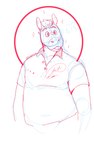 anthro branded_clothing clothing collar_shirt collared_shirt diamond_(marking) eyebrows male mane markings outline polo_shirt raised_eyebrows red_outline shirt simple_background slightly_chubby solo standing stubble tongue tongue_out topwear white_background p_rindustries elubbb_(p_rindustries) equid equine horse mammal 5:8 guide_lines hi_res signature sketch