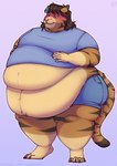 anthro bangs belly belly_rub big_belly black_claws black_hair black_stripes blue_bottomwear blue_clothing blue_eyes blue_hair blue_shorts blush bottomwear claws clothing fur hair huge_belly long_hair looking_at_self male moobs morbidly_obese morbidly_obese_male multicolored_body obese obese_male orange_body orange_fur overweight overweight_male pink_nose shorts simple_background smile solo striped_body stripes tail two_tone_body aucherr felid mammal pantherine tiger 2024 absurd_res hi_res