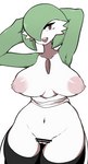 big_breasts breasts clothing exposed_breasts female genitals hands_behind_head huge_breasts legwear looking_at_viewer mostly_nude not_furry pussy simple_background smile solo stockings white_background fufucatu nintendo pokemon gardevoir generation_3_pokemon pokemon_(species) censored hi_res