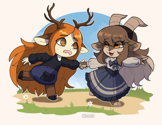 alternative_fashion anthro antlers bow_(feature) bow_ribbon brown_body brown_fur brown_hair casual_lolita chibi clothed clothed_female clothing clothing_bow dress duo female freckles fur gesture hair hand_gesture hand_holding hooves horn j-fashion light_body light_skin lolita_(fashion) long_hair looking_back nervous open_mouth orange_hair outside pointing smile sweater topwear okaliz adeline_(okaliz) freya_agalith animal_humanoid bovid caprine deer deer_humanoid faun goat humanoid mammal mammal_humanoid satyr hi_res