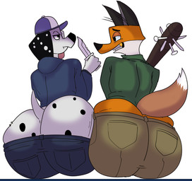 anthro bat_(object) big_butt bottomwear butt cargo_shorts clothing denim denim_bottomwear denim_clothing denim_shorts dipstick_tail duo gold_(metal) gold_tooth hoodie huge_butt jacket jeans knife male markings pants shorts tail tail_markings tight_clothing topwear wide_hips binkykun 101_dalmatian_street 101_dalmatians disney dylan_(101_dalmatians) fergus_(101_dalmatians) canid canine canis dalmatian domestic_dog fox mammal absurd_res hi_res