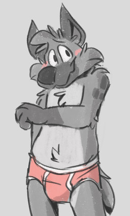 anthro briefs briefs_only clothed clothing colored_seam_underwear grey_background male markings pink_briefs pink_clothing pink_underwear simple_background smile solo spots spotted_markings topless topless_anthro topless_male underwear underwear_only white_seam_briefs white_seam_underwear mushketeery mushy_(mushketeery) mushy_(mushketeteery) hyena mammal hi_res