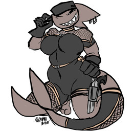 anthro belt bodysuit camel_toe clothing curvy_figure ear_piercing female fishnet_clothing fishnet_legwear gun hat headgear headwear legwear military military_cap military_clothing piercing ranged_weapon sharp_teeth skinsuit solo teeth tight_clothing voluptuous voluptuous_female weapon wide_hips kusama aquatic fish mackerel_shark sand_shark shark