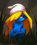 blonde_hair blue_body blue_eyes breasts clothing female hair hair_over_eye hat hat_only headgear headgear_only headwear headwear_only mostly_nude nipples not_furry one_eye_obstructed phrygian_cap solo atryl the_smurfs smurfette humanoid smurf 2014 digital_media_(artwork) grandfathered_content hi_res