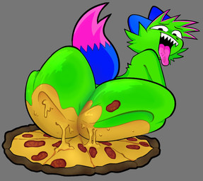 ambiguous_gender anthro big_butt blue_ears blue_tail butt cheek_tuft dipstick_tail facial_tuft food food_fetish fur green_body green_fur grey_background huge_butt looking_back markings open_mouth pizza sharp_teeth simple_background sitting solo sparklefur tail tail_markings teeth tongue tongue_out tuft awakecore don't_touch_my_pizza_(meme) nyanwolf kevin_(nyanwolf) domestic_cat felid feline felis mammal 2025 english_description male_(lore)