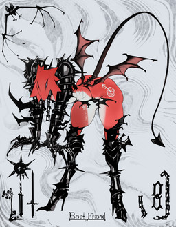 ambiguous_gender anthro armor boots chain clothed clothing footwear gender_symbol high_heeled_boots high_heels leaning leaning_forward male_symbol melee_weapon red_body shoes skimpy solo spade_tail standing sword symbol tail text unconvincing_armor weapon wings raptoral canid mammal english_text hi_res