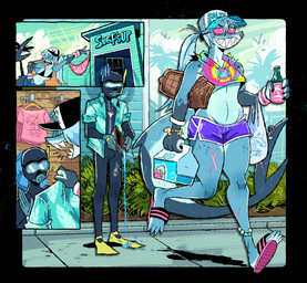 aloha_shirt anthro athletic_wear bikini bikini_top blue_body blue_hair blue_skin bottomwear clothing diving_mask diving_suit duo facial_piercing female female_anthro fin fin_piercing flat_chested flip_flops flippers footwear freckles furgonomics furry-specific_piercing gills grin gym_bottomwear gym_shorts hair hotpants larger_anthro larger_female male male_human mask nose_piercing nose_ring pattern_clothing pattern_shirt pattern_topwear piercing ponytail ring_piercing sandals scar scuba_diver scuba_gear sharp_teeth shirt shoes shopping shorts size_difference smaller_human smile snorkel store swimwear tail tail_fin teeth thick_tail topwear tourist two-piece_swimsuit wallet wearing_sunglasses x_scar herny jawlene_(herny) fish human mammal marine shark 2025 absurd_res hi_res
