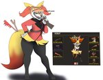 anthro big_ears breasts cosplay dialogue female fur grabbing gun object_in_tail open_mouth ranged_weapon red_eyes red_nose simple_background small_breasts solo tail tail_storage text thick_tail thick_thighs weapon wide_hips yellow_body yellow_fur photolol.03 nintendo pokemon team_fortress_2 valve braixtina_(photolol.03) scout_(team_fortress_2) braixen canid canine fox generation_6_pokemon mammal pokemon_(species) english_text hi_res