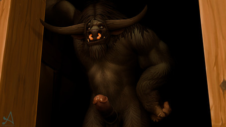 3_fingers anthro beard belly biceps black_body black_fur black_horn blue_eyes bovine_ears circumcised erection facial_hair facial_piercing fingers fur genitals hair hand_on_doorframe hand_on_hip horn leaning leaning_forward looking_at_viewer looking_down looking_down_at_viewer male mane mane_hair medial_ring muscular nose_piercing nose_ring nostril_piercing penis piercing presenting ring_piercing smile smiling_at_viewer smirk smirking_at_viewer solo standing teeth teeth_showing araphon mrkipler1_(modeler) blizzard_entertainment warcraft gulako bovid bovine cattle mammal tauren 16:9 3d_(artwork) digital_media_(artwork) hi_res watermark widescreen