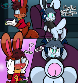 3_toes 4_fingers anthro balls big_penis blush blush_lines bottomless bottomless_male cartoon_gloves close-up clothed clothing dialogue duo erection feet fingers foreskin genital_close-up genitals glans humanoid_genitalia humanoid_penis male male/male penis penis_close-up penis_towards_viewer smug smug_expression smug_face smug_grin text toes toony mintytempest note_(mintytempest) roderick_(tamerkoh) lagomorph leporid mammal rabbit comic english_text hi_res